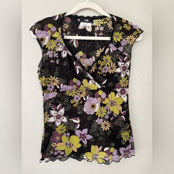 I.N. San Francisco Vintage ‘90s Y2K Sheer Mesh Floral N Neck Baby Doll Top - Picture 1 of 4